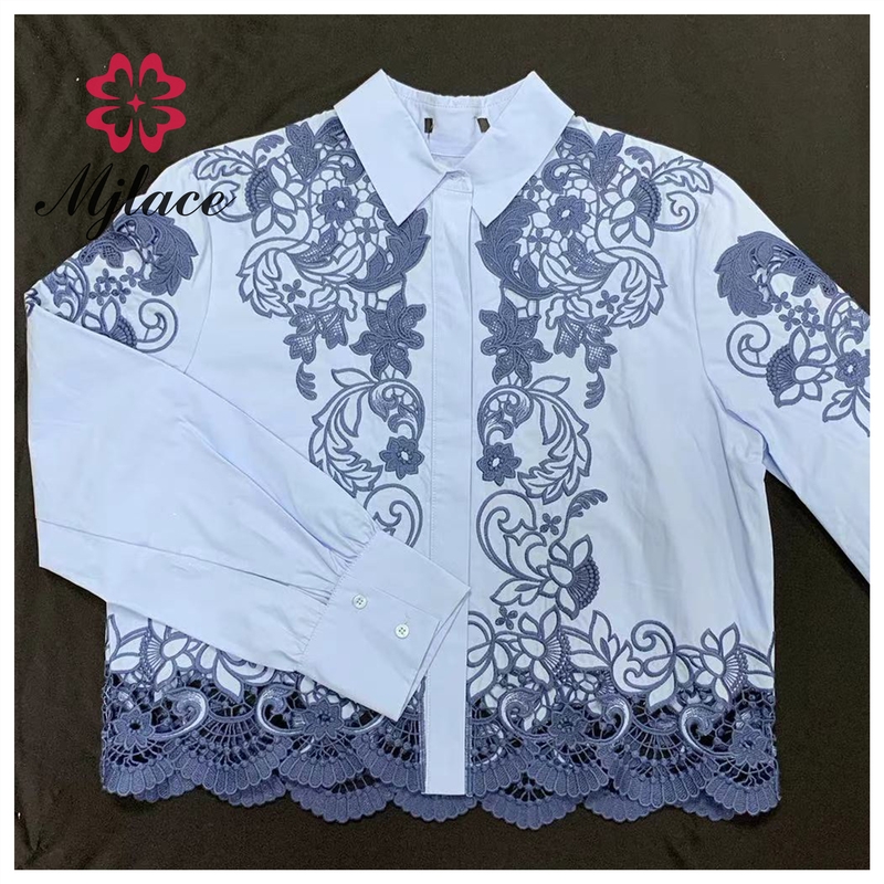 Blue Lace Embroidered Collared Shirt