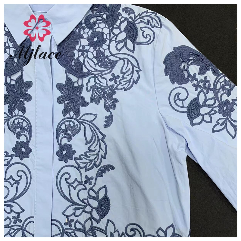 Blue Lace Embroidered Collared Shirt