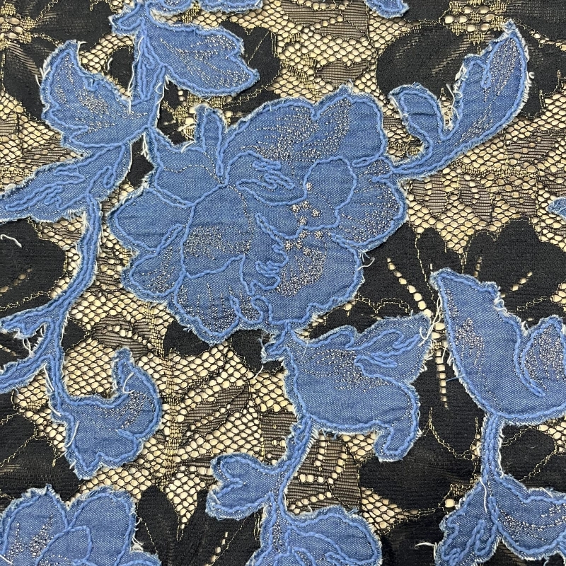 Denim Patchwork Fusion – Embroidered Lace Fabric