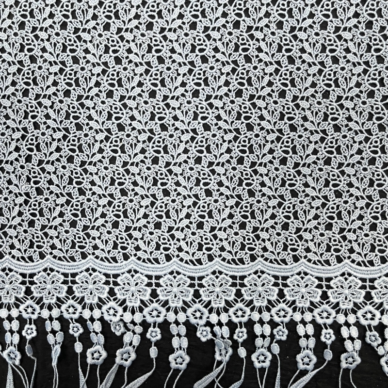 Floral Water-Soluble Embroidered Lace with Fringe Detail – Tassel Trim Fabric by MJlace