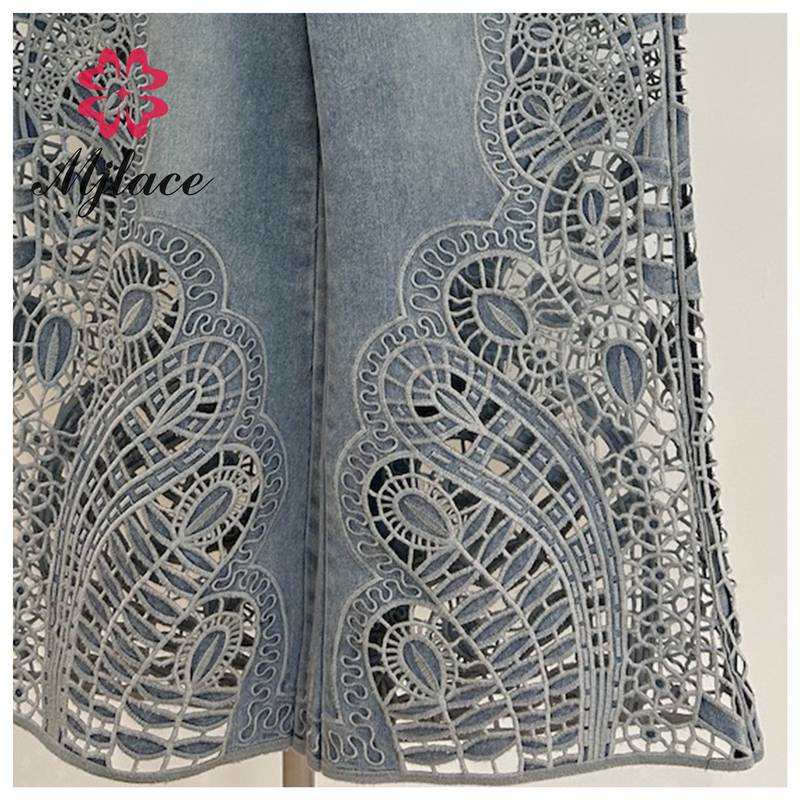 Laser Cut Embroidered Denim Pants with Lace Panel Inserts
