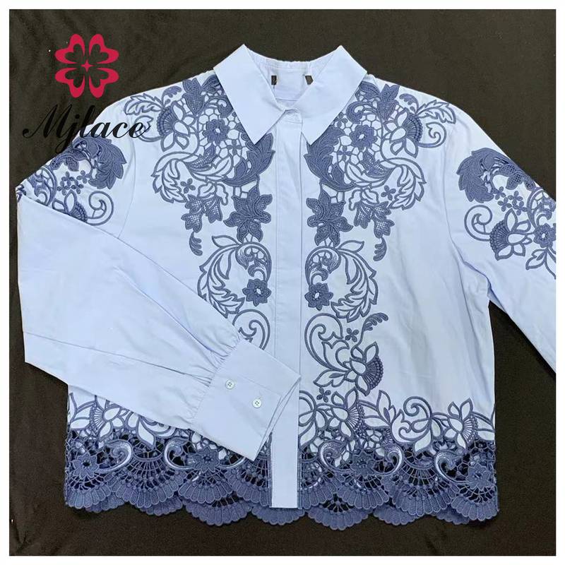 Blue Lace Embroidered Collared Shirt