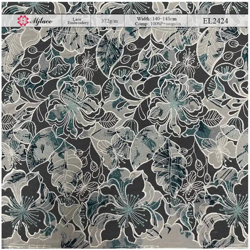 Garden Lumière Printed Laser Embroidered Lace — Floral Sequin Embellished Fabric