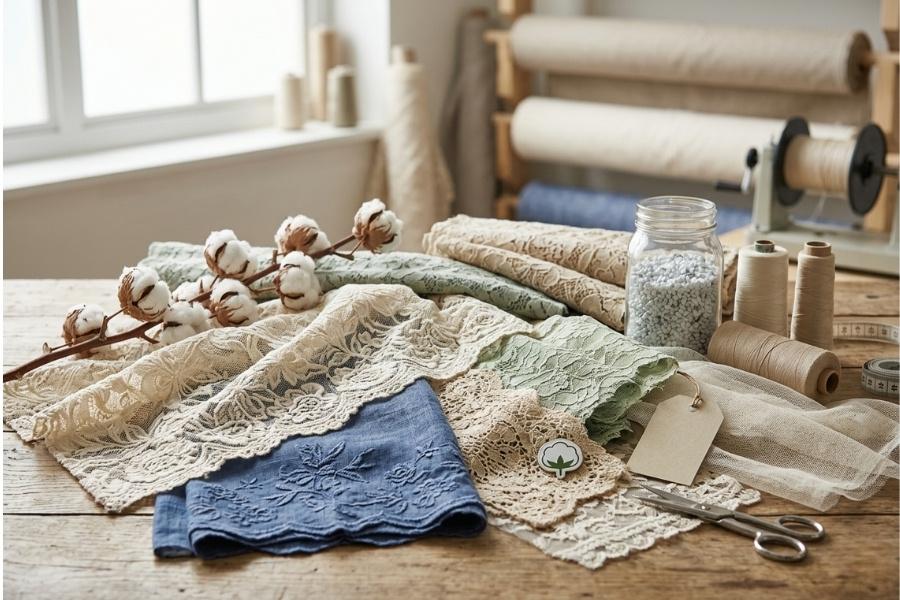 Natural lace fabrics with cotton and threads