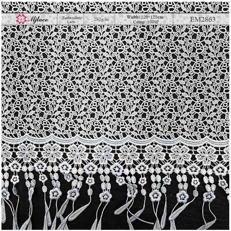 Floral Water-Soluble Embroidered Lace with Fringe Detail – Tassel Trim Fabric by MJlace