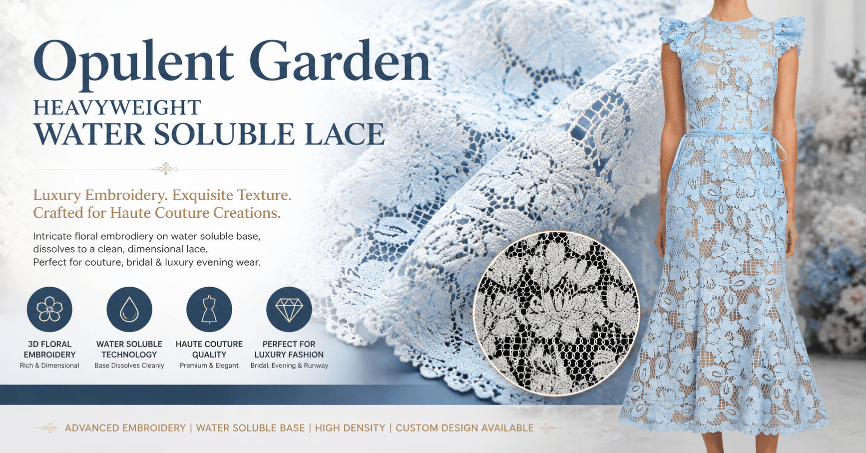 Opulent Garden Heavyweight Water Soluble Lace Fabric – A Premium Solution for Luxury Fashion