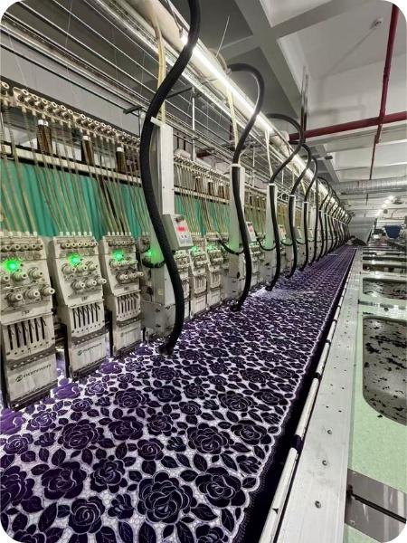lace fabric bulk production and embroidery manufacturing process in factory for large scale OEM orders and consistent quality output