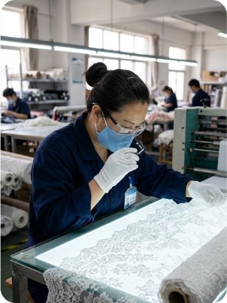 lace fabric quality control and inspection process checking pattern accuracy color consistency and fabric strength in textile factory