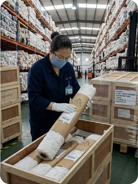 lace fabric packaging and global delivery process for export including warehouse handling logistics and international shipping solutions