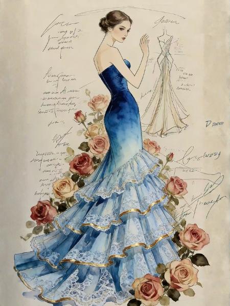 schizzo di design della moda per abito da sera in pizzo blu