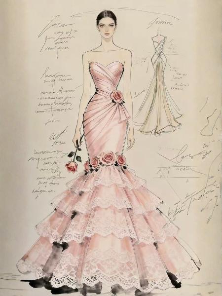 schizzo di design della moda dell'abito di pizzo rosa