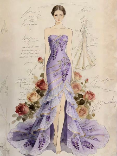 schizzo di design del vestito da moda in pizzo viola