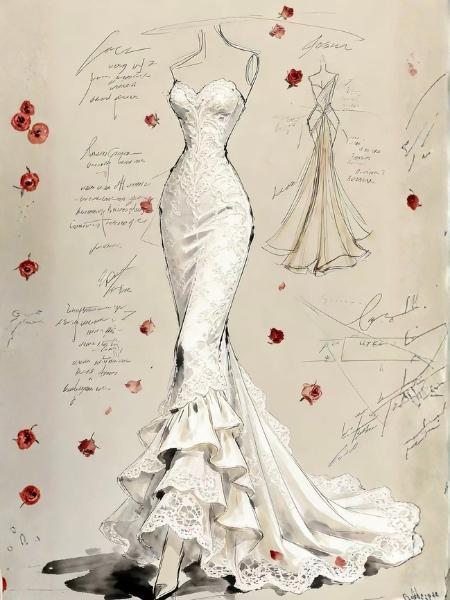 schizzo di design dell'abito da sposa in pizzo bianco