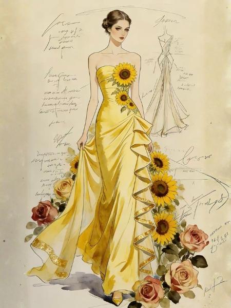 schizzo di design del vestito in pizzo floreale giallo