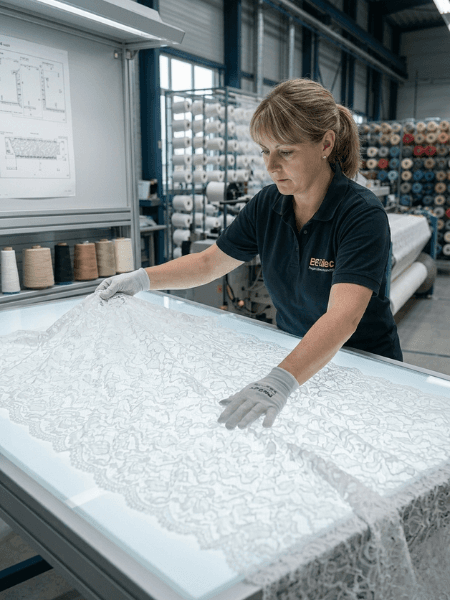operatore con lente di ingrandimento esamina il tessuto