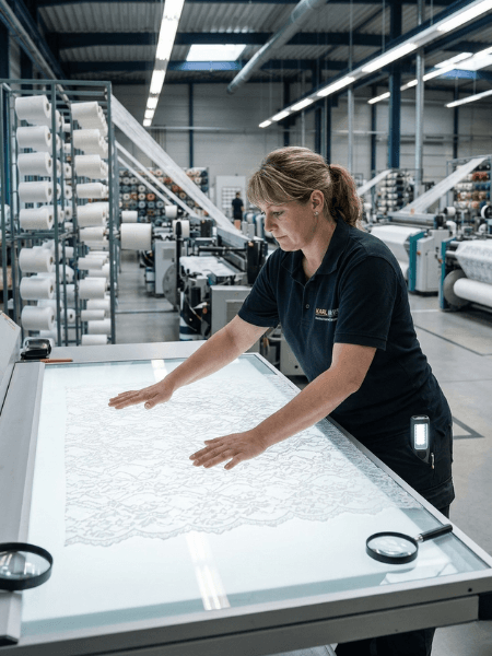 Il lavoratore controlla il pizzo bianco modellato sulla lightbox