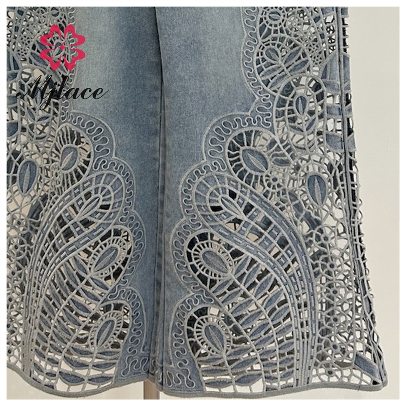 Laser Cut Embroidered Denim Pants with Lace Panel Inserts