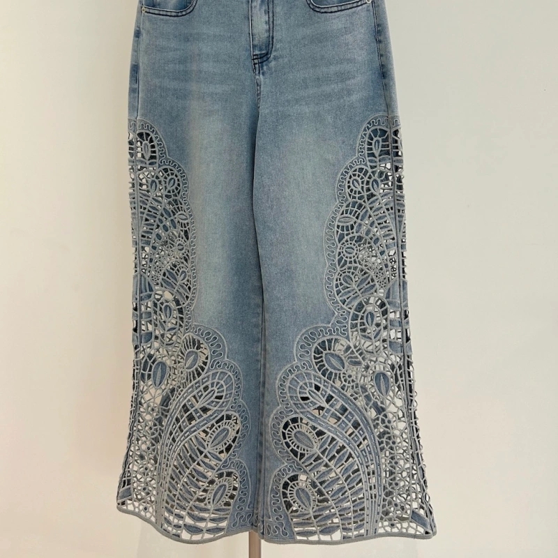 Laser Cut Embroidered Denim Pants with Lace Panel Inserts
