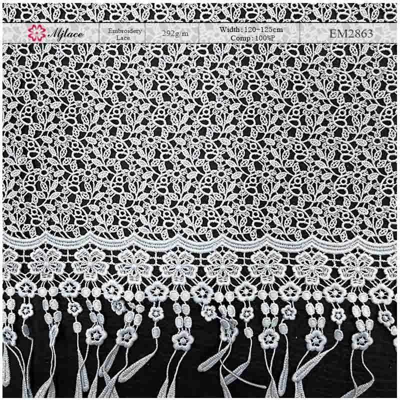 Floral Water-Soluble Embroidered Lace with Fringe Detail – Tassel Trim Fabric by MJlace