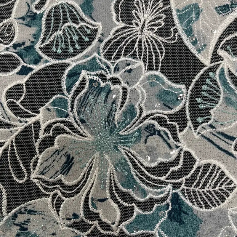 Garden Lumière Printed Laser Embroidered Lace — Floral Sequin Embellished Fabric