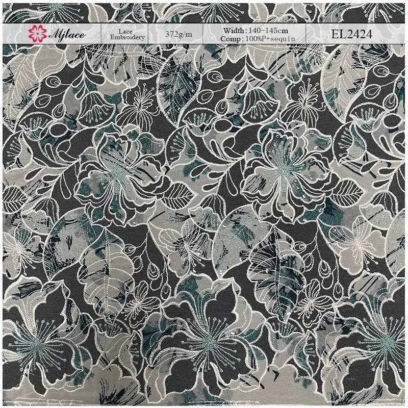 Garden Lumière Printed Laser Embroidered Lace — Floral Sequin Embellished Fabric