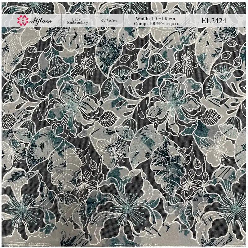 Garden Lumière Printed Laser Embroidered Lace — Floral Sequin Embellished Fabric
