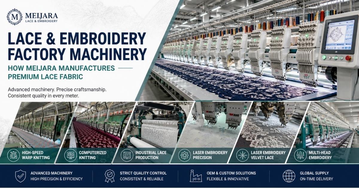 Explore Meijara’s lace and embroidery machinery—from high-speed warp knitting to laser embroidery and multi-head computerized production systems.