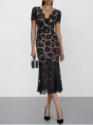 black floral lace midi dress