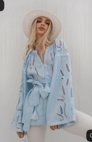 blue embroidered linen blouse
