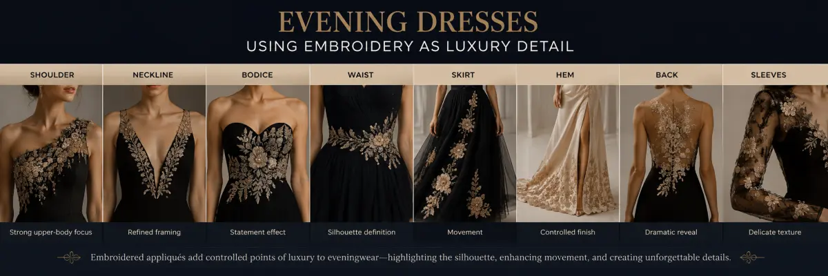 Embroidered appliques on evening dresses
