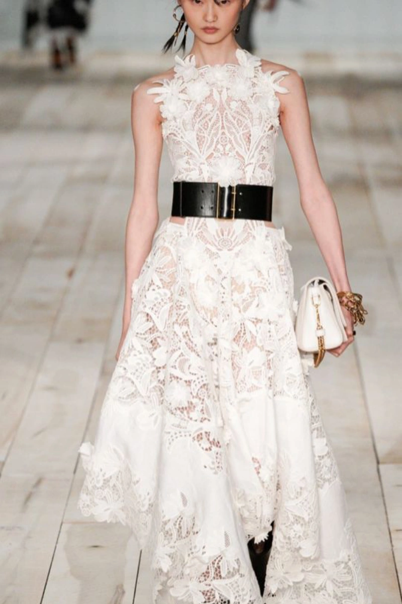 white embroidered lace runway dress